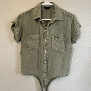 Sim & Sam Crop Tie Front Shirt Green Short Sleeve Cropped Size Medium